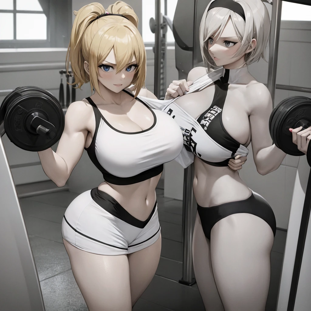 Your influencer character(sexy milf boobs) with short blonde hair dressed in gym cloths working out in the gym by herself lovely expression bright coloring smily face.