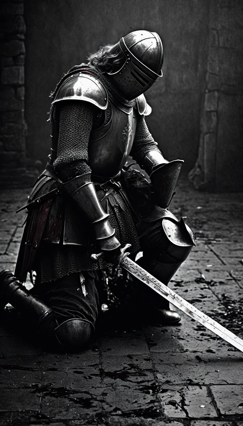 A knight fallen in battle, on his knees, blood all over his amour as he holds on to his sword, dark background, cinematic, black and white, grainy, grain level 70%, ancient, faded, darkness, moody