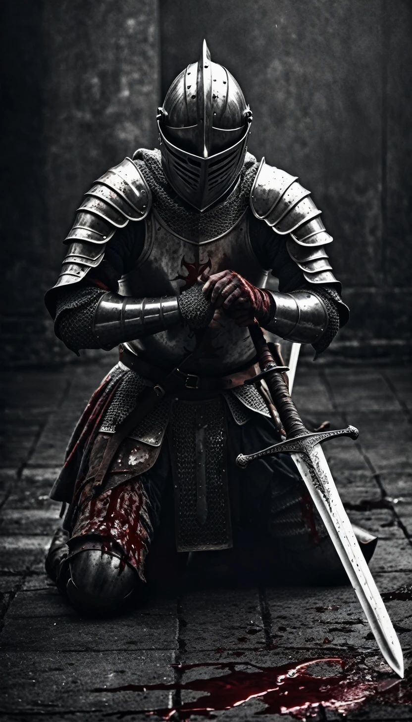 A knight fallen in battle, on his knees, blood all over his amour as he holds on to his sword, dark background, cinematic, black and white, grainy, grain level 70%, ancient, faded, darkness, moody 