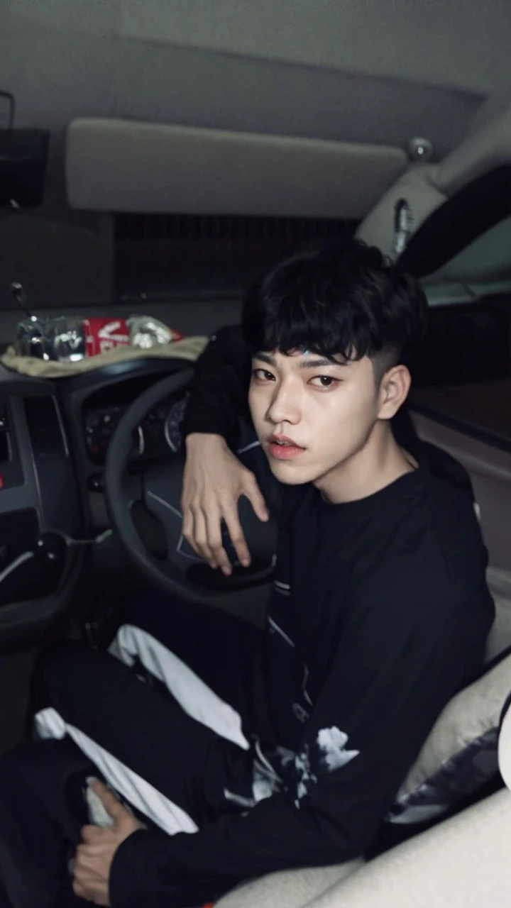Arafed man in a black shirt sitting on a sofa, jungkook, kim doyoung, Jimin\swollen right eyelid, Wan adorable korean face, Taejune Kim, with the same hairstyle, 1 7 years - of thin face age, He grabs his bangs in one hand, short hair on top of your head, hyung tae