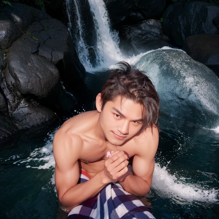 Close-up photo, Southeast Asian man with a round face,black eyes,abdominal muscles, perfect body, outdoor, Warm light, The morning sun shines beautifully., (digital painting, HDR, high contrast), 3d, 8k, 45,000,000 pixcls, realistically,