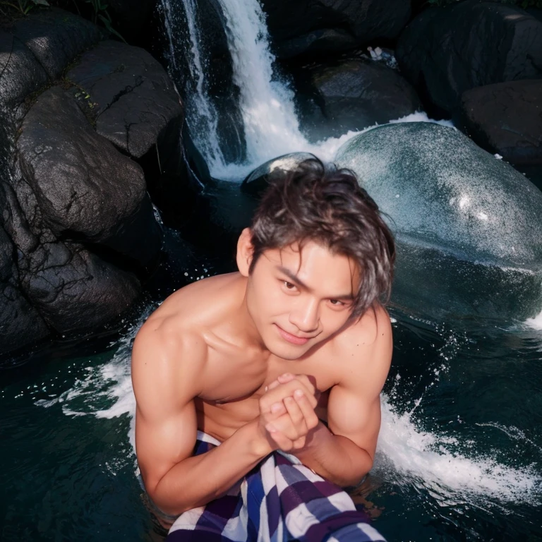 Close-up photo, Southeast Asian man with a round face,black eyes,abdominal muscles, perfect body, outdoor, Warm light, The morning sun shines beautifully., (digital painting, HDR, high contrast), 3d, 8k, 45,000,000 pixcls, realistically,