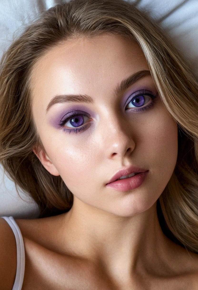 arafed femme pleinement , fille sexy aux yeux bleus, Ultra réaliste, minutieusement détaillé, portrait sophie mudd, cheveux blonds et grands yeux, selfie d&#39;une jeune femme, yeux de la chambre, violette myers, sans maquillage, maquillage naturel, regarder directement la caméra, visage avec artgram, maquillage subtil, superbe photo de tout le corps à genoux sur le lit, en boîte, buste de grande taille, montrer les pieds