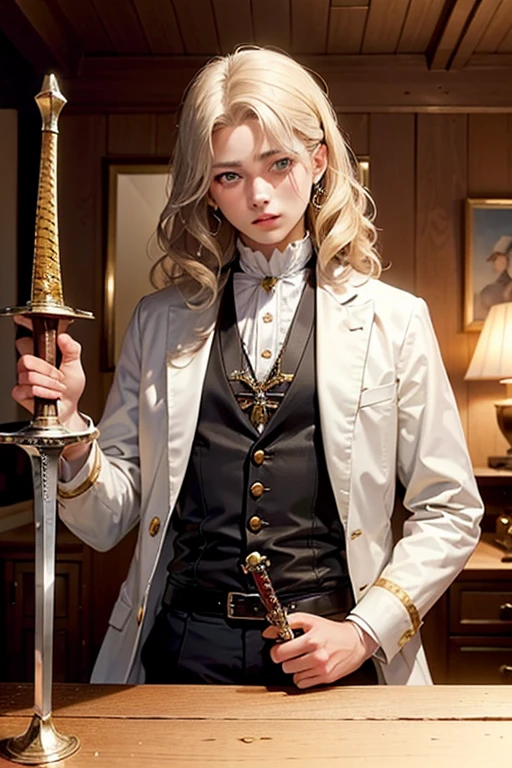 ((12 year old boy)), ((green eyes)), ((thick build)), ((with a pretty face)), ((wavy hair)), ((radiant skin)), ((calm look)), ((holding a wooden sword)), ((luxurious clothing)), ((1800s clothing)), ((own gold and silver jewelry)), ((blond hair)), ((man)), ((man))
