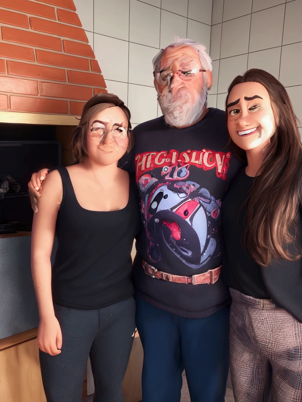 Cartoon character of a man with a gray beard, two girls with straight brown hair, animation character, stylized character, animation style rendering, 3d stylized, Stylized 3D rendering, 3d character, 3d character, Stylized 3D rendering, 3D character rendering, cartoon character, Personagem de close up, character posing, (Pixar-style) (best qualityer) (skin detailed) (detailed texture) (8k) (Argilla) (cinematic lighting) (sharp focus