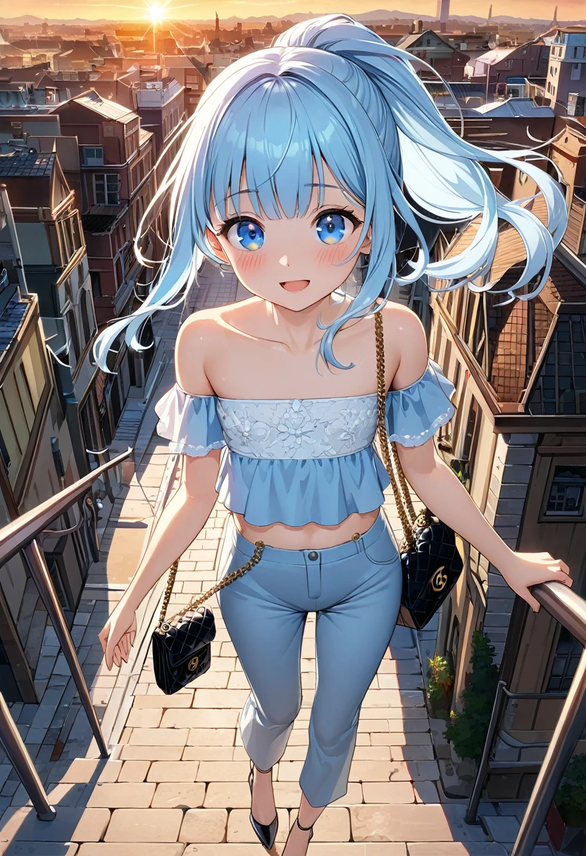 masterpiece, best quality, extremely detailed, (illustration, official art:1.1), 1 girl ,(((( light blue long hair)))), ,(((( light blue long hair)))),light blue hair, , long hair ((blush)) , cute face, big eyes, masterpiece, best quality,(((((a very delicate and beautiful girl))))),Amazing,beautiful detailed eyes,blunt bangs((((little delicate girl)))),tareme(true beautiful:1.2), sense of depth,dynamic angle,,,, affectionate smile, (true beautiful:1.2),,(tiny 1girl model:1.2),)(flat chest) ,,happy smile, smile, Open your mouth,ponytail,Short braided hair,Medium chest, hair band,Cord off-shoulder top,Short sleeve,skinny pants,Stiletto heels,Sunset,evening,The sun is setting,Walking,whole bodyがイラストに入るように,Looking down from above,Holding a Chanel bag in her right hand, break outdoors,In town,Building district, break looking at viewer, whole body, break (masterpiece:1.2), highest quality, High resolution, unity 8k wallpaper, (shape:0.8), (Beautiful details:1.6), Highly detailed face, Perfect lighting, Extremely detailed CG, (Perfect hands, Perfect Anatomy),