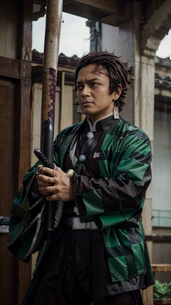"Kamado Tanjiro from Demon Slayer, heavy rain, crying, gazing at the sky, wearing a green plaid shirt, holding a katana."