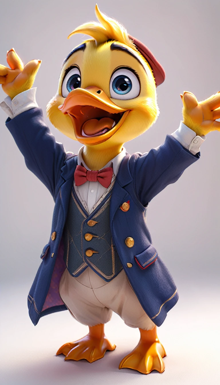 cute male duck, cartoon , arms, hands ,cute eyes, looking at viewer, arms up, french clothes, flawless, white background