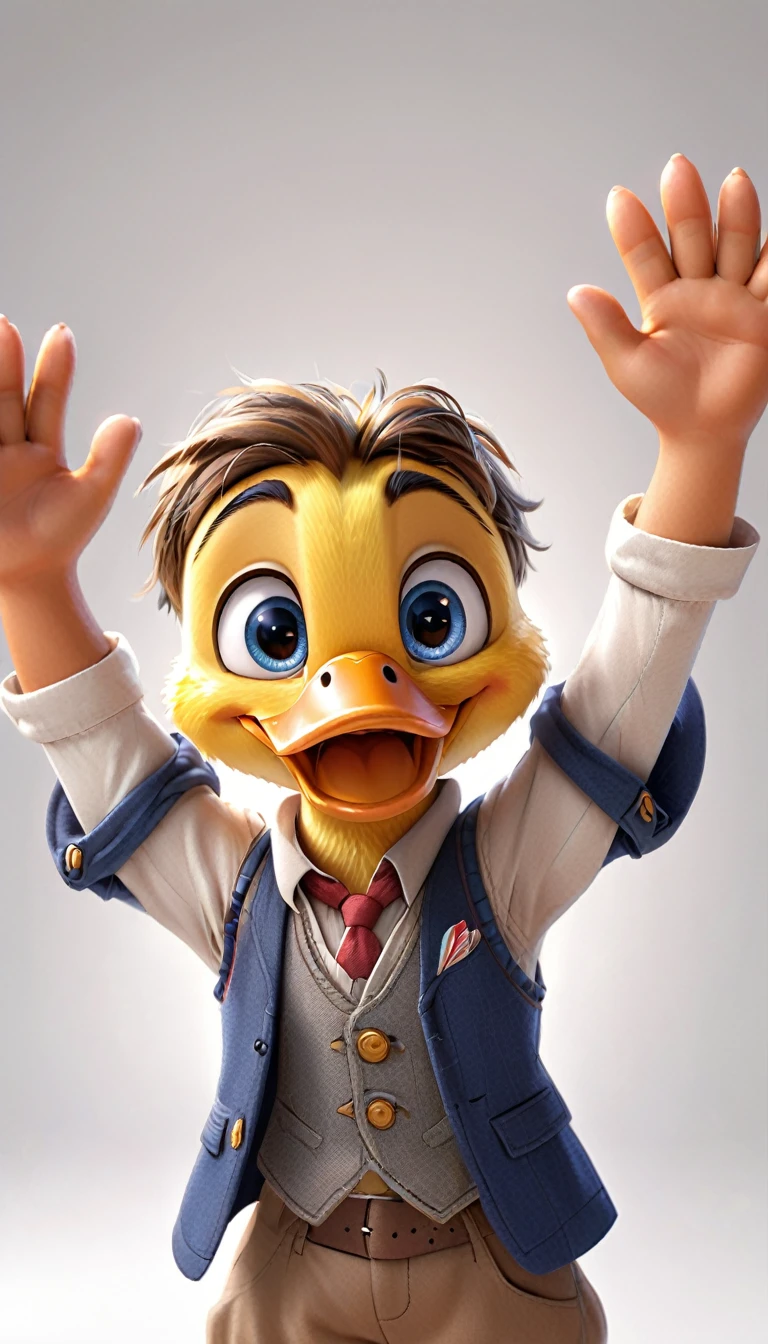 cute male duck, cartoon , arms, hands ,cute eyes, looking at viewer, arms up, french clothes, flawless, white background
