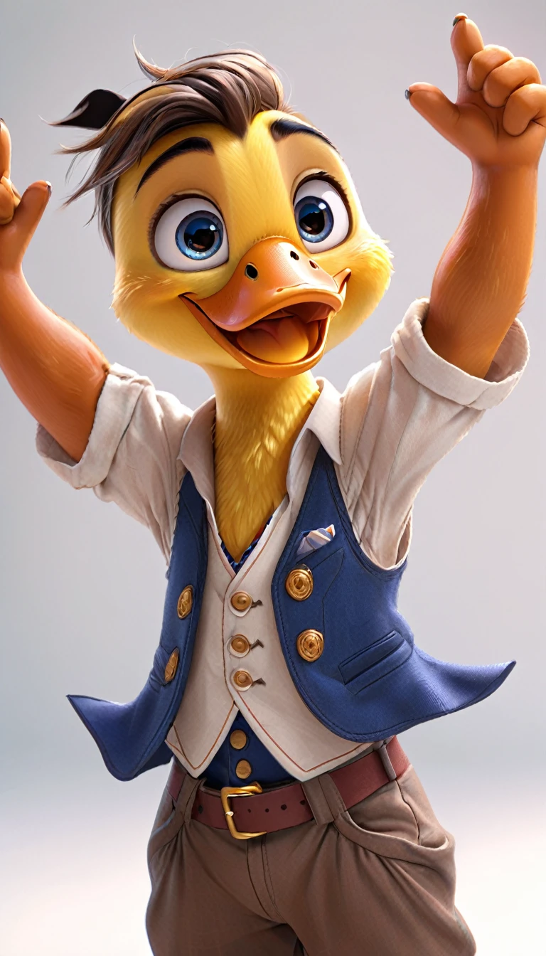 cute male duck, cartoon , arms, hands ,cute eyes, looking at viewer, arms up, french clothes, flawless, white background