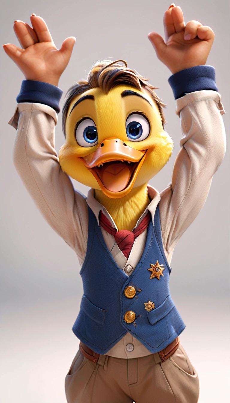 cute male duck, cartoon , arms, hands ,cute eyes, looking at viewer, arms up, french clothes, flawless, white background