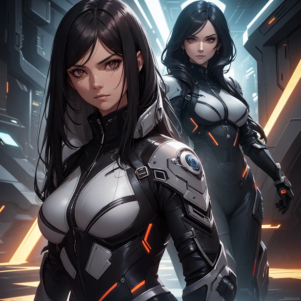 a mature woman with long black hair, brown eyes, a mocking expression, futuristic clothes, futuristic background, detailed face, high quality, photorealistic, 8k, best quality, intricate details, cinematic lighting, dramatic colors, moody atmosphere