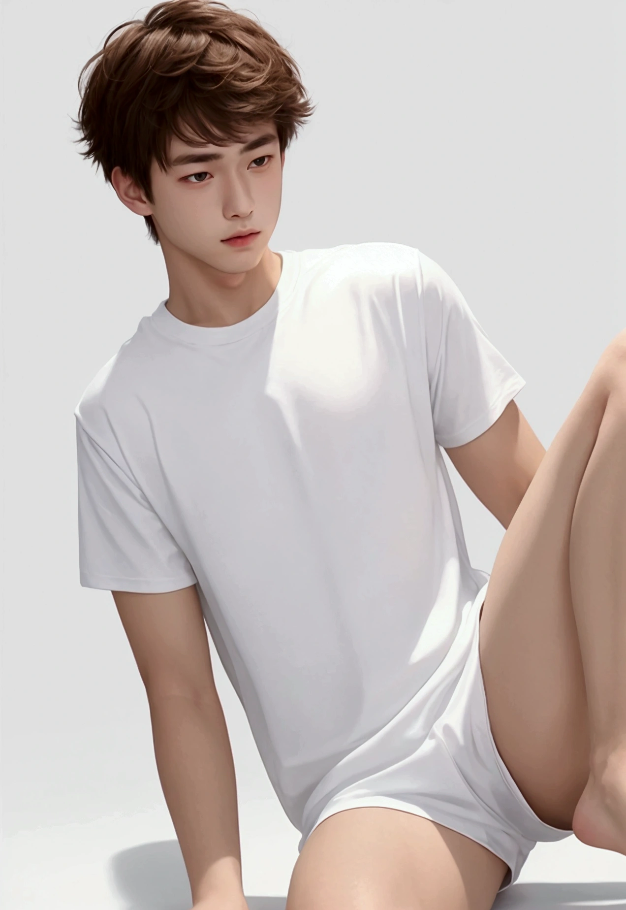 Simple white background, a male teenager, man,wearing a white shirt, sitting on a huge pearl