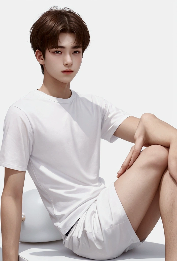 Simple white background, a male teenager, man,wearing a white shirt, sitting on a huge pearl