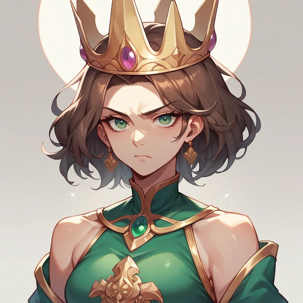 A woman with brown hair and green eyes wearing royal clothes along with a crown on her head with a serious expression