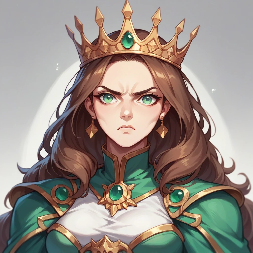 A woman with brown hair and green eyes wearing royal clothes along with a crown on her head with a serious expression