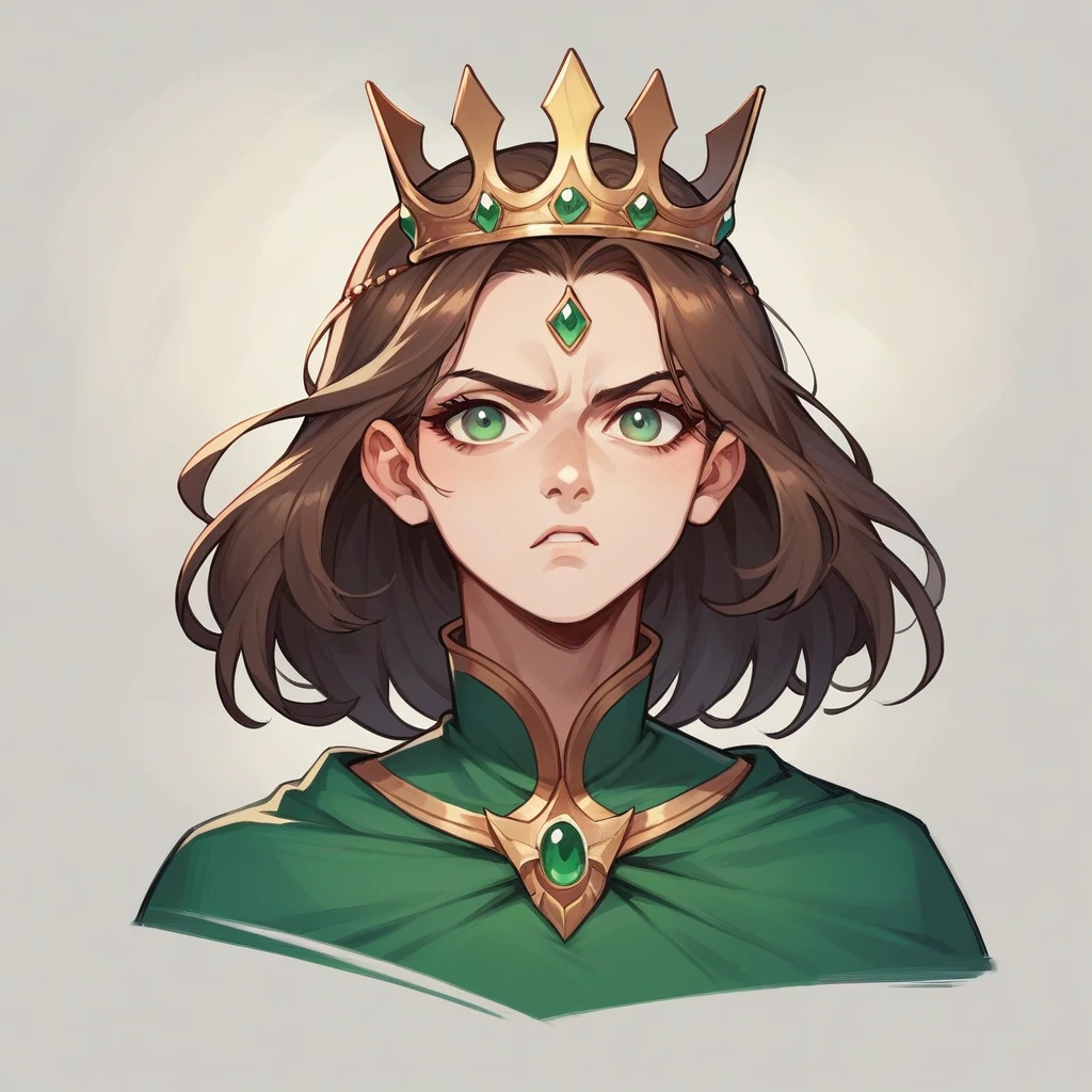 A woman with brown hair and green eyes wearing royal clothes along with a crown on her head with a serious expression 
