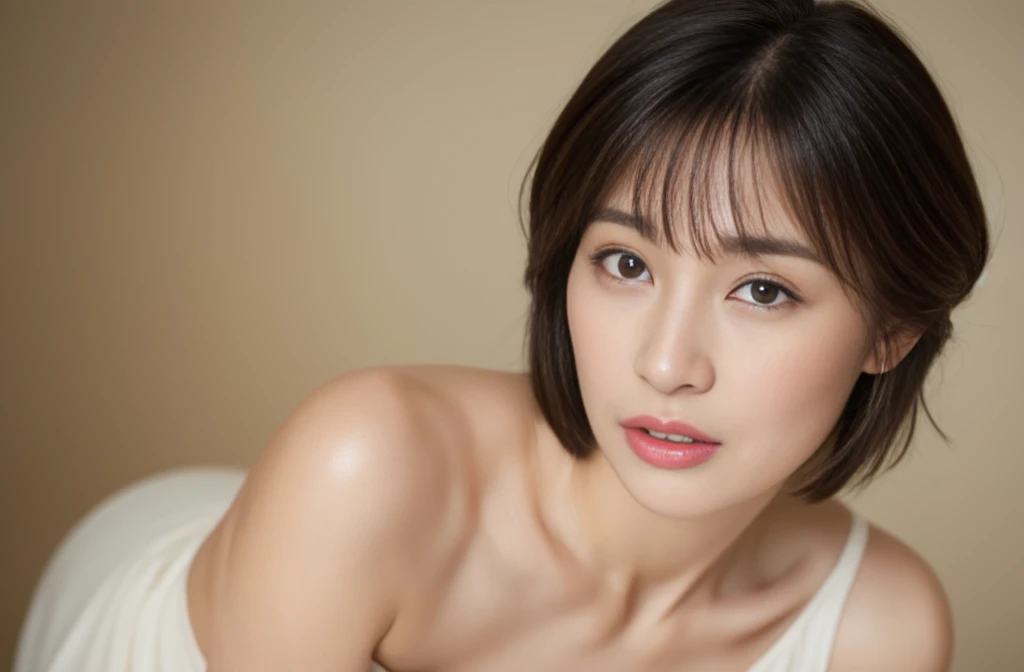 top-quality,40 year old woman,Colossal ,so short hair,well-muscled,Beautiful face,Slender eyes,Thick lip,Thin makeup,blusher,Realistic wrinkles,Exposing breasts,
