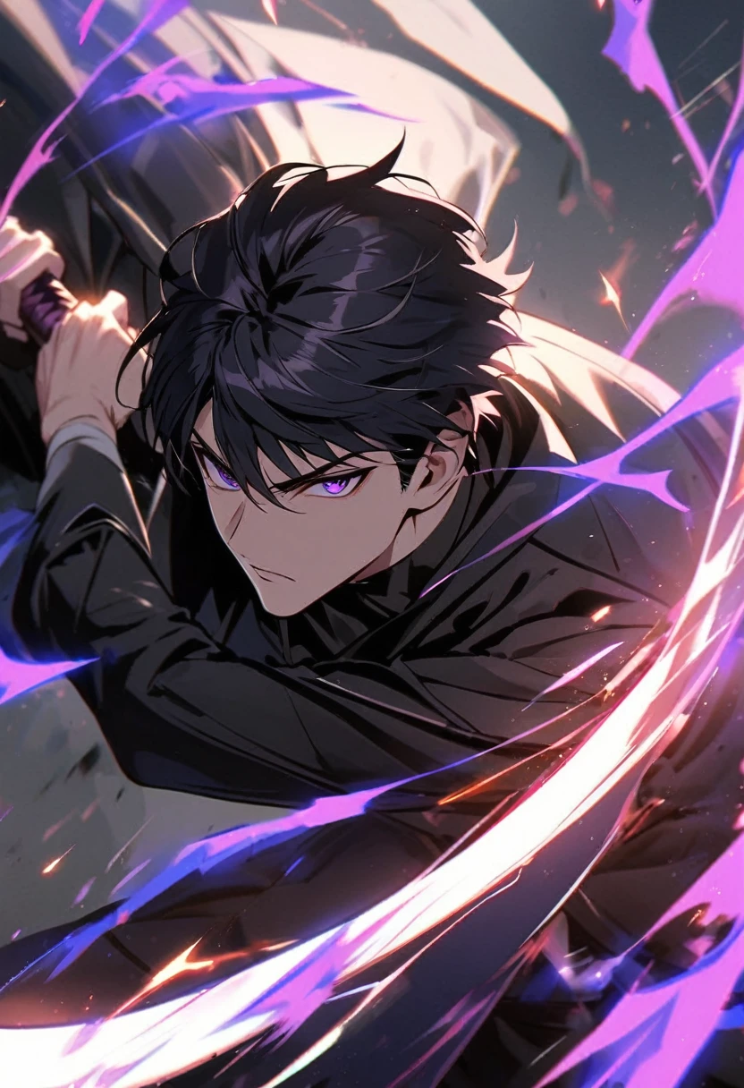handsome, alone, 1 man, short hair, black hair, purple eyes, black shirt, black coat, Lots of power,fighting with sword