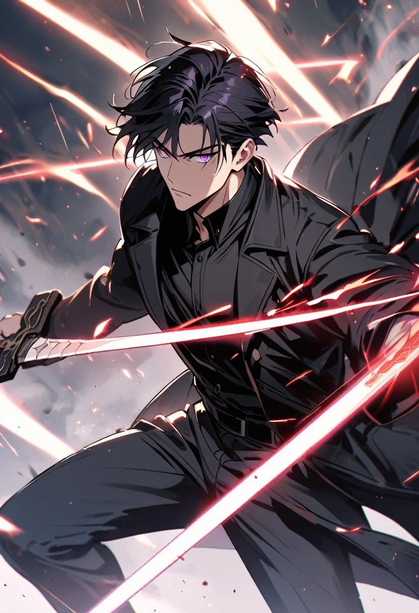 handsome, alone, 1 man, short hair, black hair, purple eyes, black shirt, black coat, Lots of power,fighting with sword