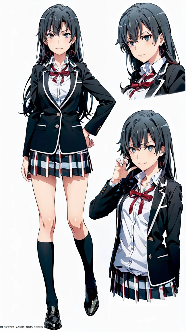 (official art:1.2), (masterpiece:1.4), (best quality:1.4), high resolution, 8k, highly detailed face, well drawn hands, (((well drawn eyes))), (perfect hands, perfect anatomy), beautiful background, yahari ore no seishun lovecome wa machigatteiru., anime official art style, 1 girl, yukinoshita yukino with black hair, bitch and villain personality, earrings, black hair, long hair, light blue eyes, gal makeup, small breasts, sobu highschool uniform, black blazer, white shirt, untucked shirt, open blazer, red ribbon, plaid skirt, black knee-high socks, full body, evil smirk, bitch pose, gym