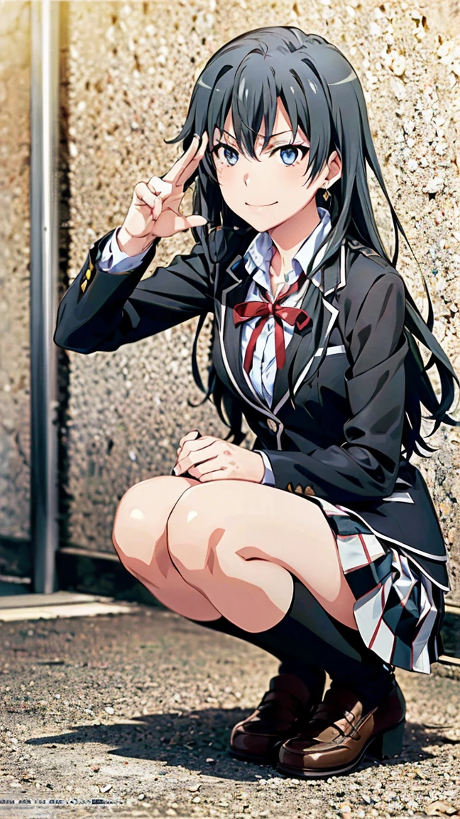 (official art:1.2), (masterpiece:1.4), (best quality:1.4), high resolution, 8k, highly detailed face, well drawn hands, (((well drawn eyes))), (perfect hands, perfect anatomy), beautiful background, yahari ore no seishun lovecome wa machigatteiru., anime official art style, 1 girl, yukinoshita yukino with black hair, bitch and villain personality, earrings, black hair, long hair, light blue eyes, gal makeup, small breasts, sobu highschool uniform, black blazer, white shirt, untucked shirt, open blazer, red ribbon, plaid skirt, black knee-high socks, full body, evil smirk, bitch pose, gym