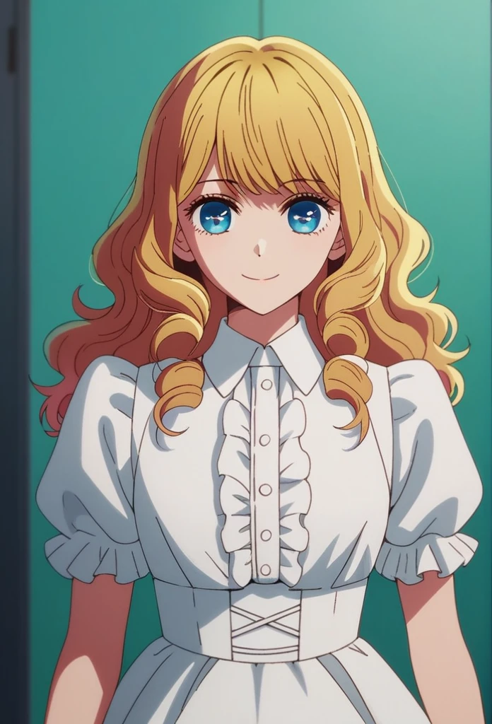 oshi_no_ko_style,blonde curls,sidecurls,fringe bangs,blue eyes,long eyelashes,cowboyshot,standing,,soft smile,long hair,masterpiece,highres,absurdres,white puffy short sleeves,collared dress,suspender dress,solo,frilled cuffs,frilled blouse,,teen,