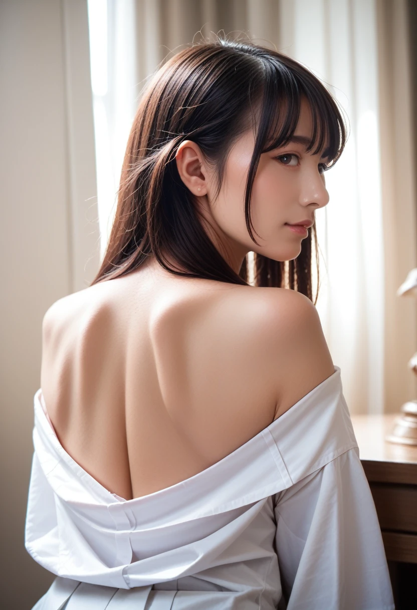 8k, raw photo, best quality, masterpiece, realistic, photo realistic, clear, professional lighting, beautiful face, best quality,ultra high res, realistic japanese beautiful, Super detailed, 1girl, back focus