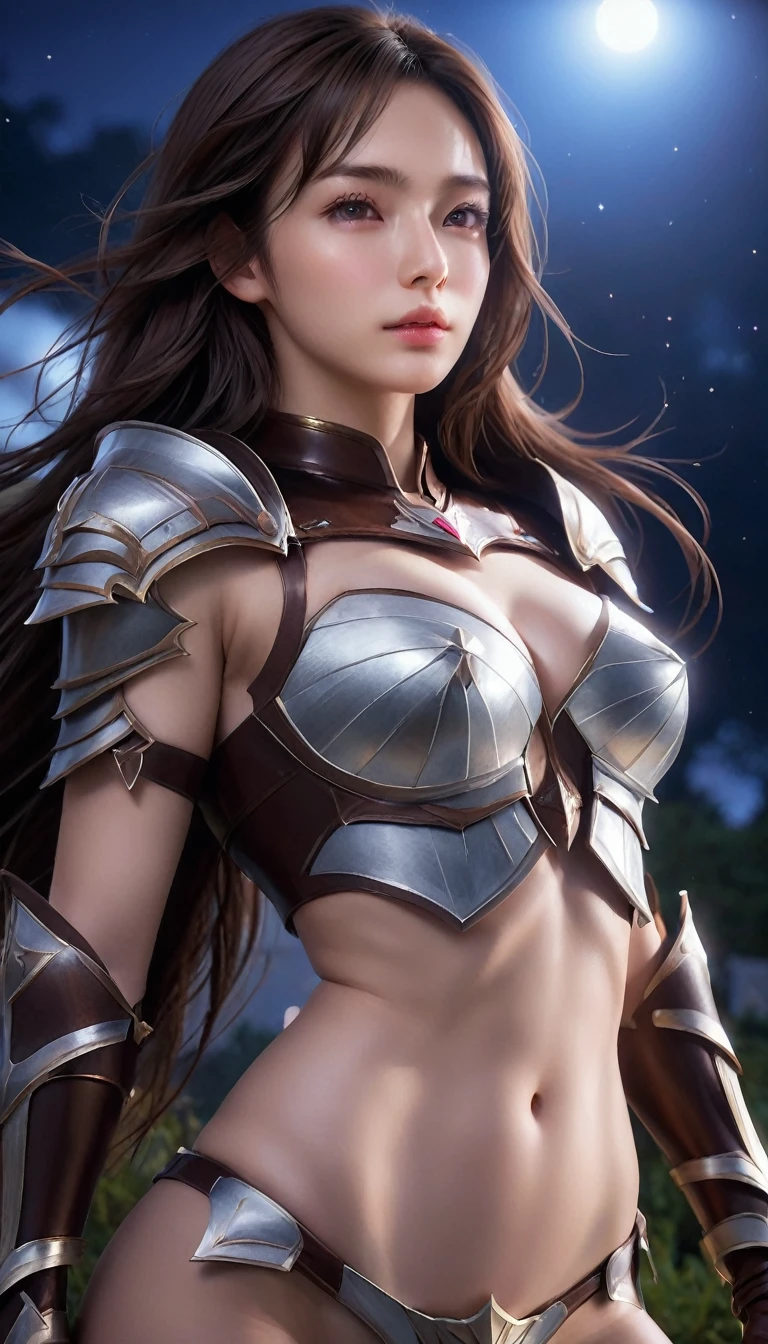 Realistic lighting, Top Quority, 8K Resolution, (masterpiece: 1.3), (Clear focus: 1.2),1 Girl, delicate face, big double eyelids, Sexy expression, Body perfect anatomy, (perfect body: 1.6), (large chest 1.7), long and dark brown hair, (best chest: 1.8), armor, long knife, magia, exterior, (night: 1.1 ),1080p, hyper HD, textureskin, super detailed, best quality, high detail, highest quality.