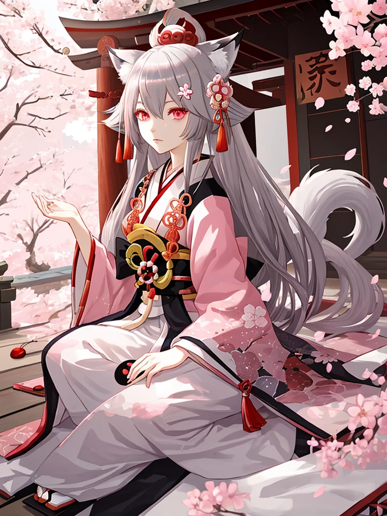fox ears,gray hair,medium long hair
,pink eyes,Onmyoji,cherry blossoms,Shinto shrine