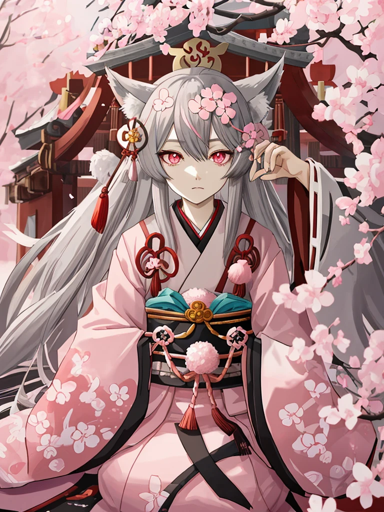 fox ears,gray hair,medium long hair
,pink eyes,Onmyoji,cherry blossoms,Shinto shrine