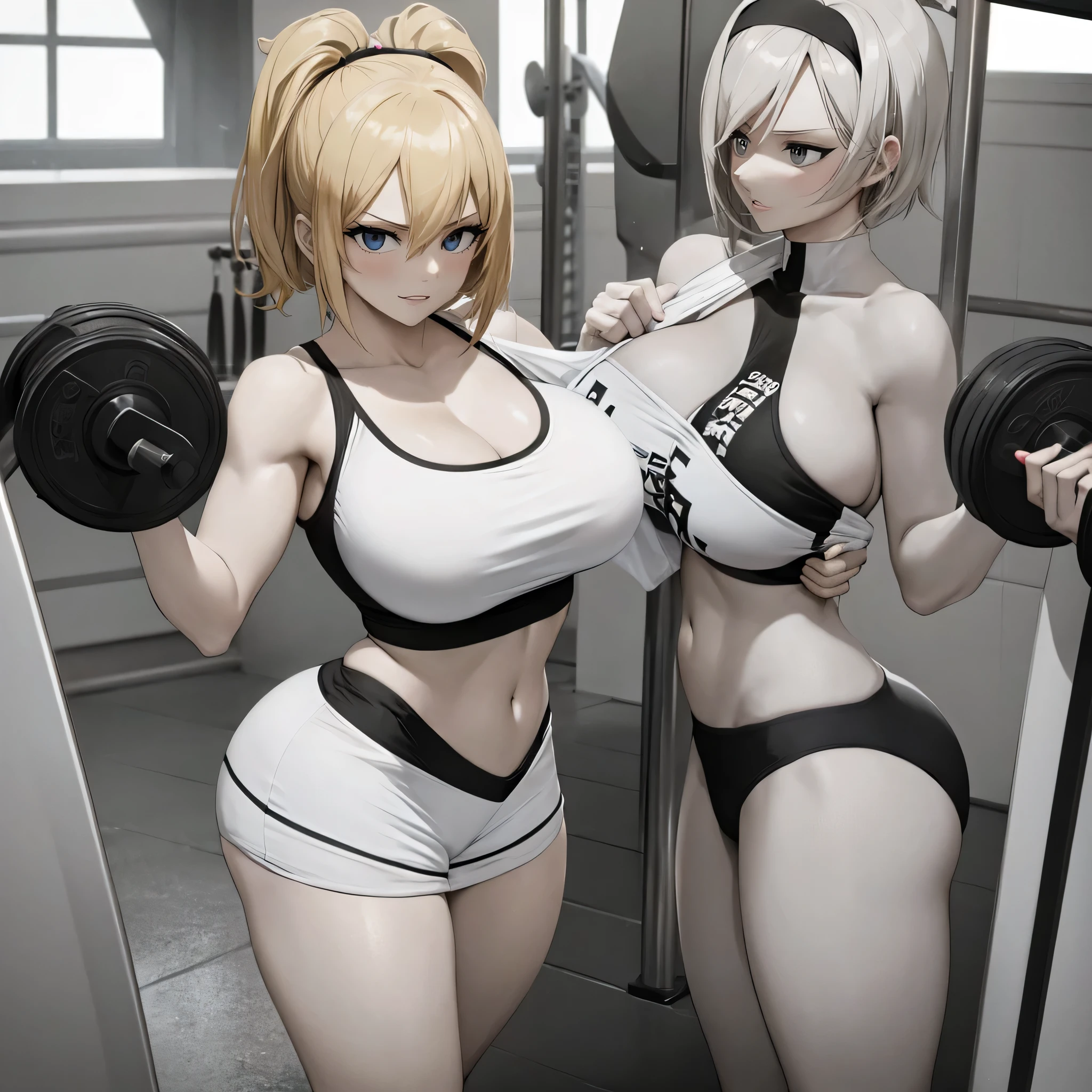 Your influencer character(sexy milf boobs) with short blonde hair dressed in gym cloths working out in the gym by herself lovely expression bright coloring smily face.