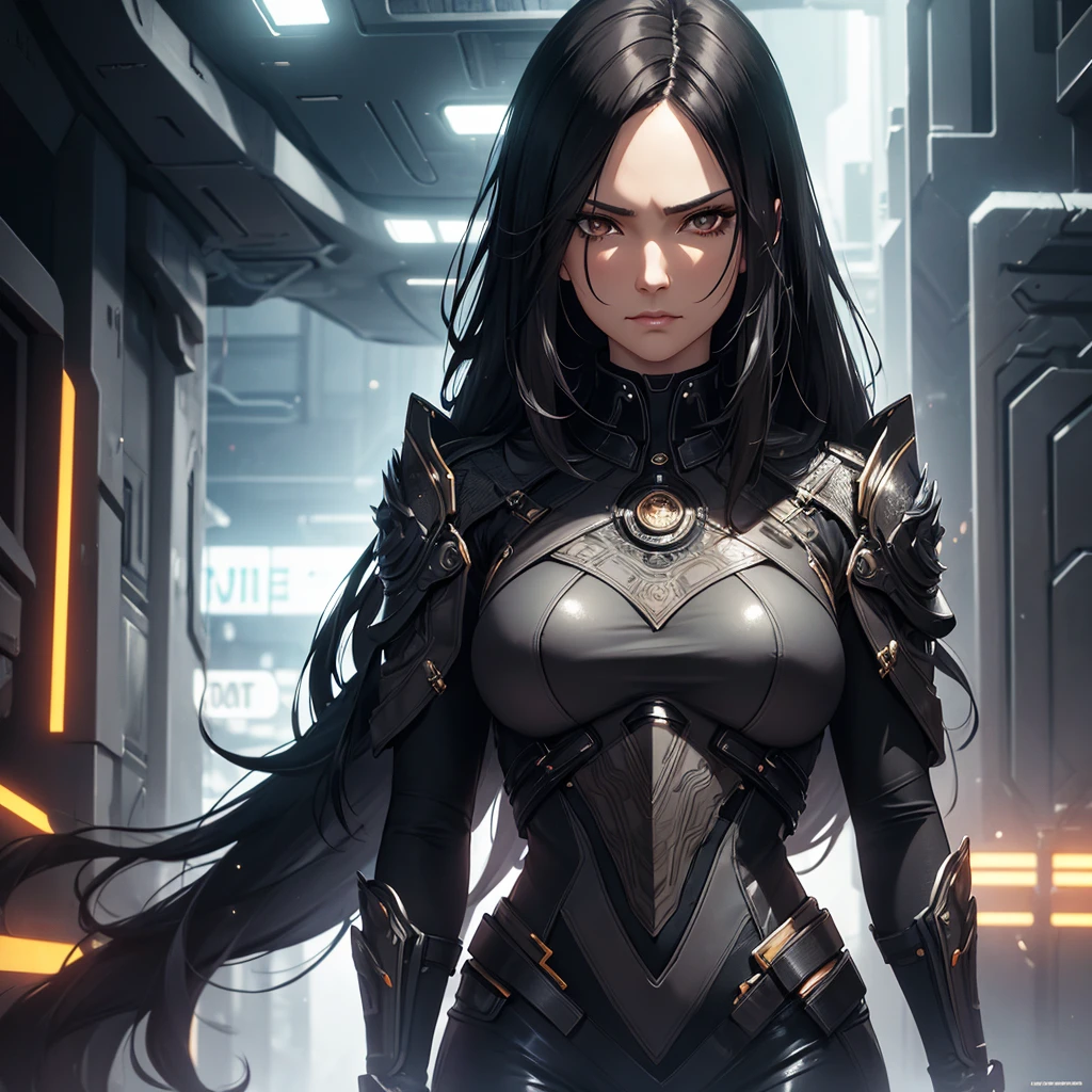 a mature woman with long black hair, brown eyes, a mocking expression, futuristic clothes, futuristic background, detailed face, high quality, photorealistic, 8k, best quality, intricate details, cinematic lighting, dramatic colors, moody atmosphere
