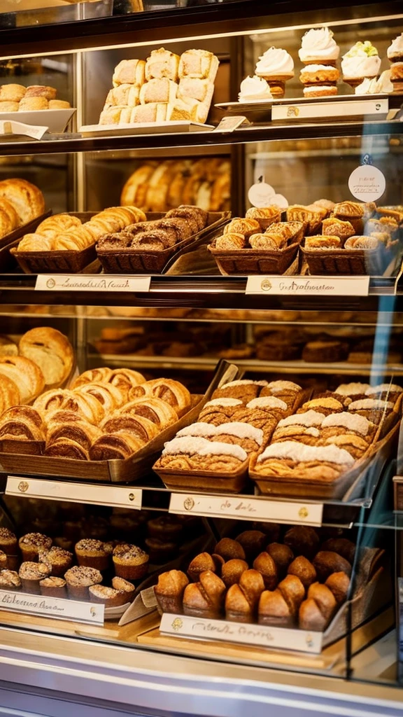 there are many different types of baked goods in the display case, bakery, pastries, fantasy bakery interior setting, cute bakery shop, pastry, rustic, vibrant aesthetic, inside a french cafe, by Nándor Katona, displayed, by Victoria Francés, fantasy bakery, by Emma Andijewska, by Silvia Pelissero, inspired by Richmond Barthé