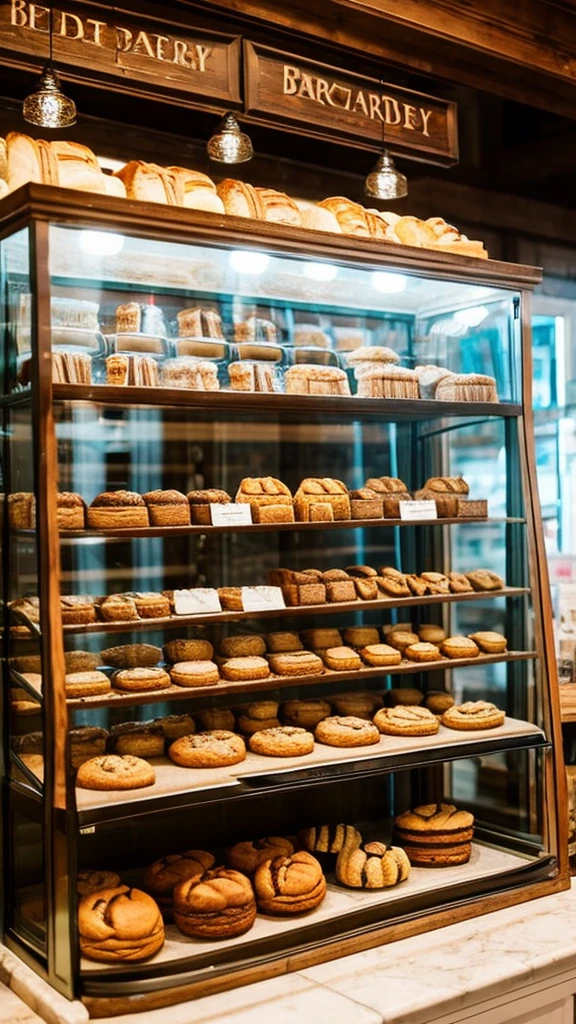 there are many different types of baked goods in the display case, bakery, pastries, fantasy bakery interior setting, cute bakery shop, pastry, rustic, vibrant aesthetic, inside a french cafe, by Nándor Katona, displayed, by Victoria Francés, fantasy bakery, by Emma Andijewska, by Silvia Pelissero, inspired by Richmond Barthé