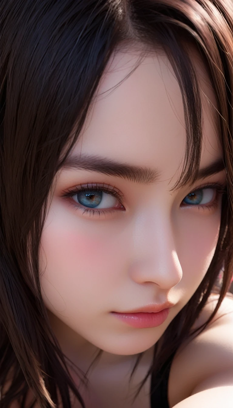Immerse yourself in the world of game art with this visually diverse and creative half-length photo of a 20-year-old girl, featuring a close-up of her detailed eyes and large breasts.