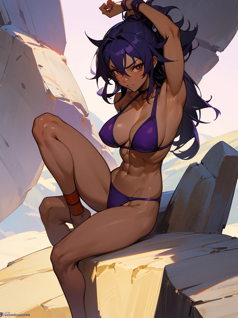 18 year old Yoruichi Shihōin from Bleach with tanned skin in a purple thong bikini flexing her muscles with her hands behind her head so they are not visible to pridefully show off her rock hard abs and sitting on her heels on a mountain ledge, highly detailed 