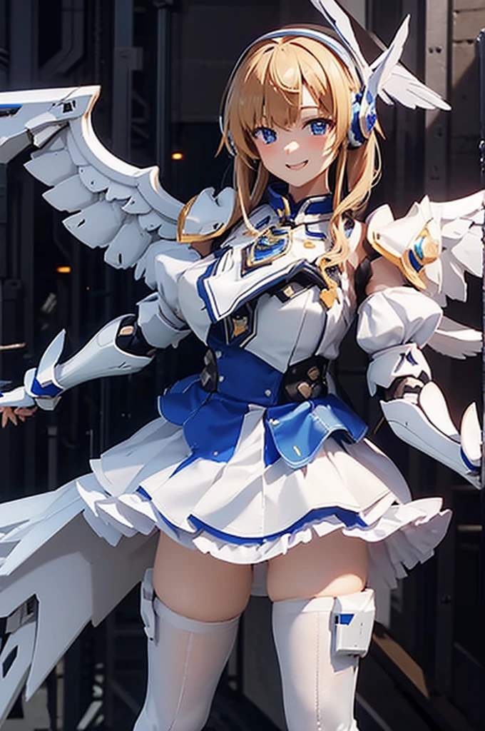 Mecha Wings、White and blue skirt、Accentuated thighs、White tights、chest、Beautiful golden hair、1 girl、solo girl、Thick thighs、is、Frame Arms Girl、Alice Gere Aegis、White Armor、Blue and purple lines、income、headphone、hand on own chest、smile