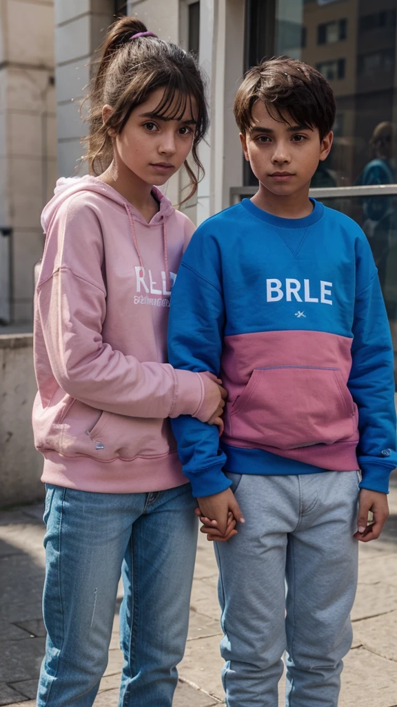 boy and girl holding hands. The boy in the blue sweatshirt and the name written text "Abel" written on the sweatshirt and the girl in the pink sweatshirt with the name Estela, vibrant 3d render