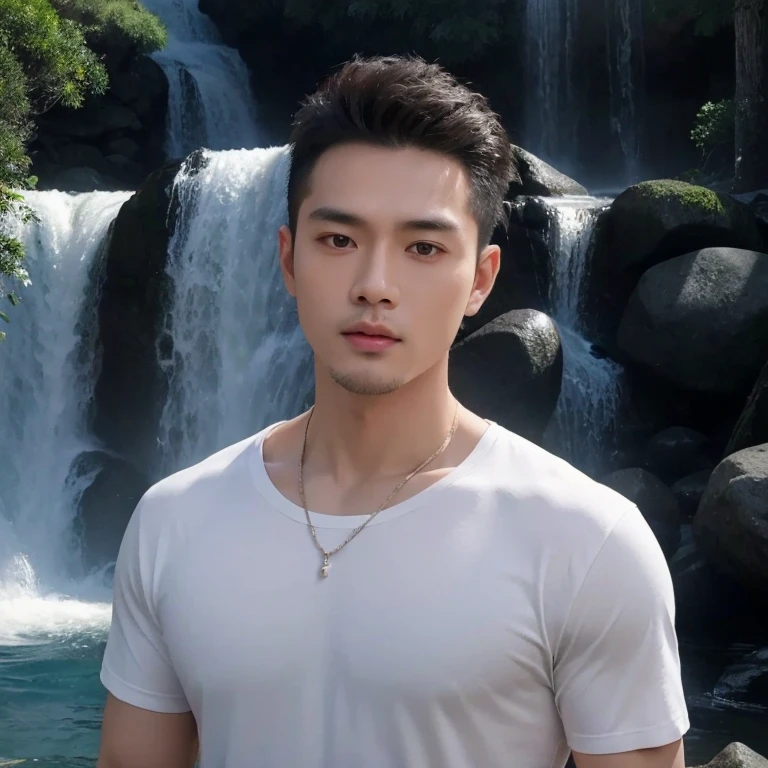 Close-up photo, Southeast Asian man with a round face,black eyes,abdominal muscles, perfect body, outdoor, Warm light, The morning sun shines beautifully., (digital painting, HDR, high contrast), 3d, 8k, 45,000,000 pixcls, realistically,