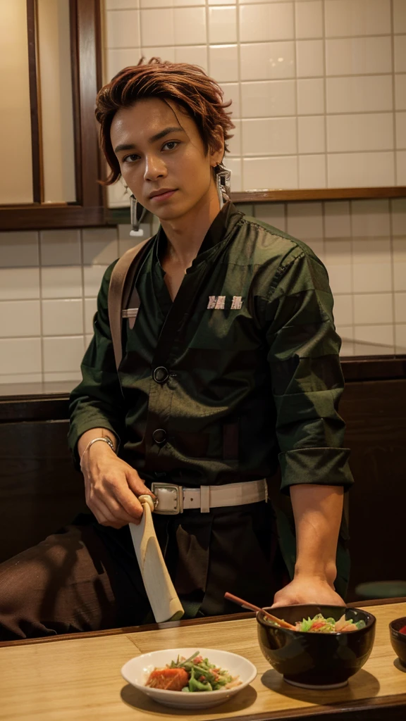 a young man sitting at a table in a Japanese restaurant. He is wearing a green and black checkered jacket with a white collar and a black belt. He has red hair styled in a spiky manner and is holding a pair of red chopsticks in his right hand. On the table in front of him, there is a plate of sushi and a bowl of salad. The background is a tiled wall with a window on the left side. The overall mood of the image is casual and relaxed.