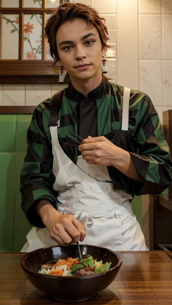 a young man sitting at a table in a Japanese restaurant. He is wearing a green and black checkered jacket with a white collar and a black belt. He has red hair styled in a spiky manner and is holding a pair of red chopsticks in his right hand. On the table in front of him, there is a plate of sushi and a bowl of salad. The background is a tiled wall with a window on the left side. The overall mood of the image is casual and relaxed.