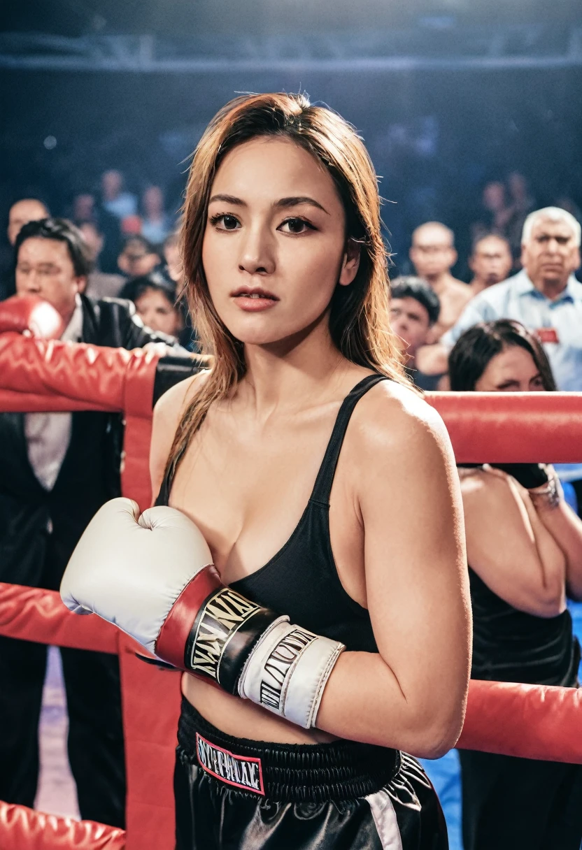 Female boxer with big breasts and sexy standing on the ring with many fans.