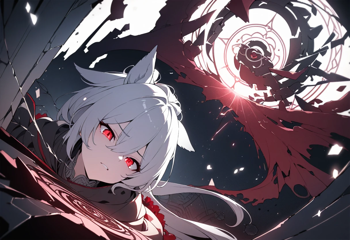 (masterpiece, best quality, ultra-detailed, best shadow), (detailed background,dark fantasy), (beautiful detailed face), high contrast, (best illumination, an extremely delicate and beautiful), ((cinematic light)), colorful, hyper detail, dramatic light, intricate details, (1 boy, solo, white hair, sharp face,ponyta,red eyes, hair between eyes,dynamic angle), blood splatter, swirling black light around the character, depth of field,black light particles,(broken glass),magic circle,