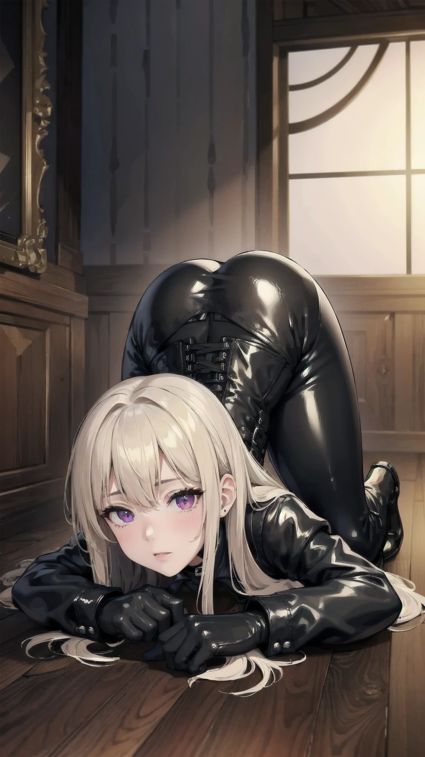 Masterpiece, Superior image quality, high resolution, 4k image,photo and gross, photorealistic, Very detailed face, Detailed clothing, detailed fabric, 1 young girl of 15 years old seen from behind, doggy position, on all fours, showing the ass, perfect ass , perfectly drawn body, pale skin, shy expression, beautiful face, long blonde hair, 4k eyes, very detailed eyes, choker: 1.6, (white long sleeve button down shirt with white collar), black gloves, gloves that cover hands, (black leather corset), (shiny black leggings), Black leather boots, sensual lips, show details in the eyes, large elegant illuminated room