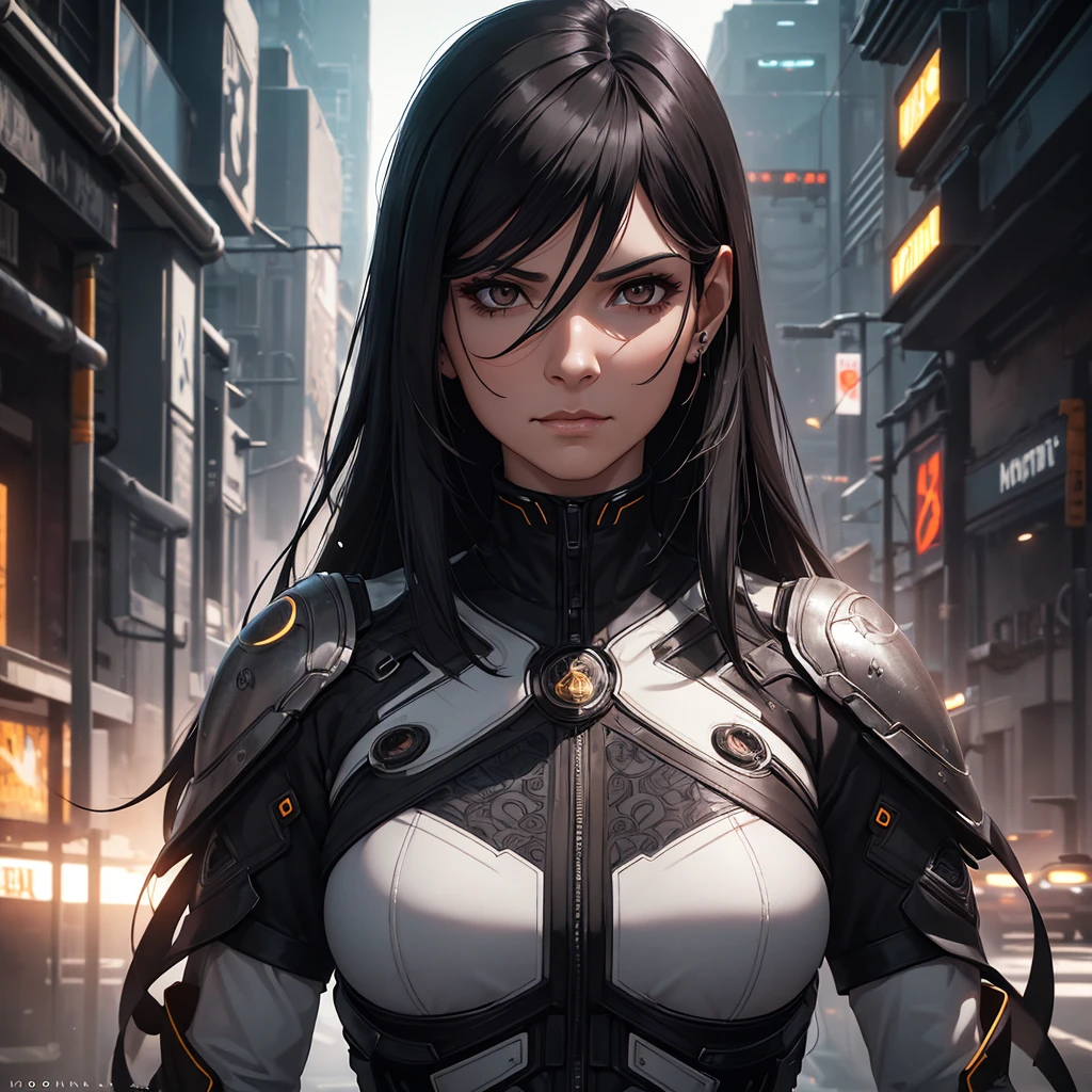 a mature woman with long black hair, brown eyes, a mocking expression, futuristic clothes, futuristic background, detailed face, high quality, photorealistic, 8k, best quality, intricate details, cinematic lighting, dramatic colors, moody atmosphere