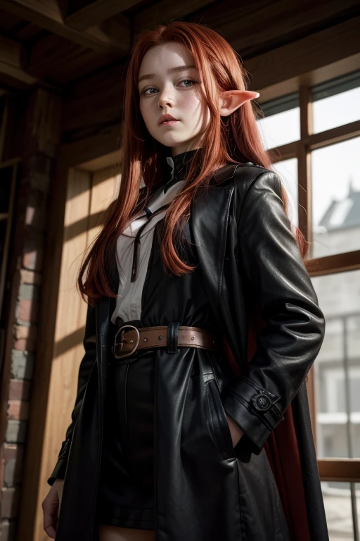 Half-elf woman from the front with the appearance of a -yeld wired hair wearing a black overcoat and red eyes long hair down to her waist