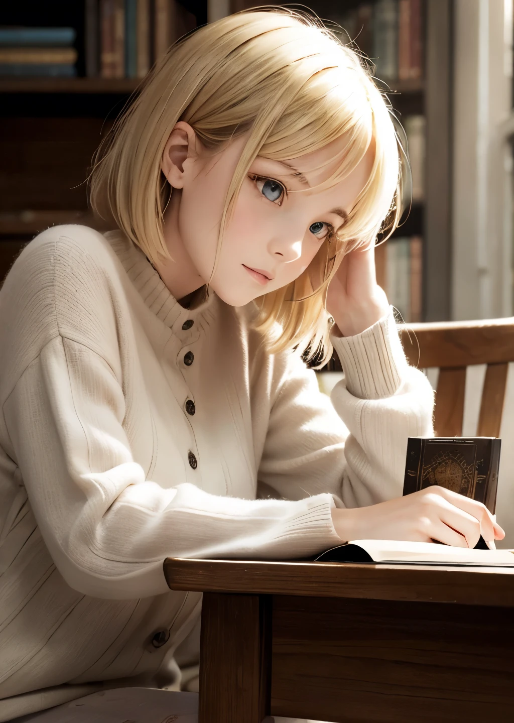 (best quality, masterpiece, high resolution:1.1),hyper detail,high detailed eyes, natural light, natural shadow, 1girl, blonde bob hair, "The girl resting her chin on her hand and reading a book at the table looked completely absorbed.","cozy moment in the snowy winter