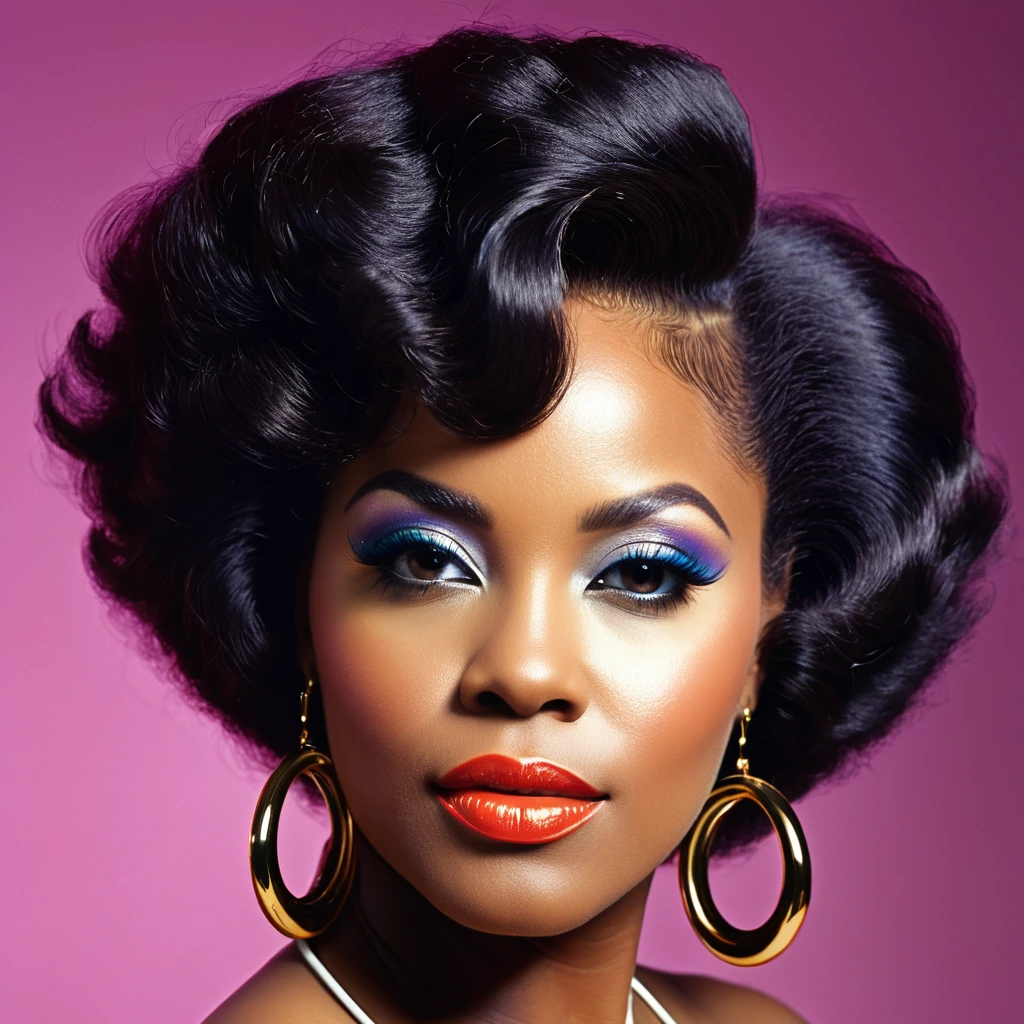 1 beautiful black female, 1970s retro style, vinyl album cover, R&B music, Cookie Eaton, (best quality,4k,8k,highres,masterpiece:1.2),ultra-detailed,(realistic,photorealistic,photo-realistic:1.37),studio lighting,fine details,vibrant colors,analog textures,dramatic lighting,moody atmosphere,glamorous portrait,confident pose,natural hair,hoop earrings,Clock Out