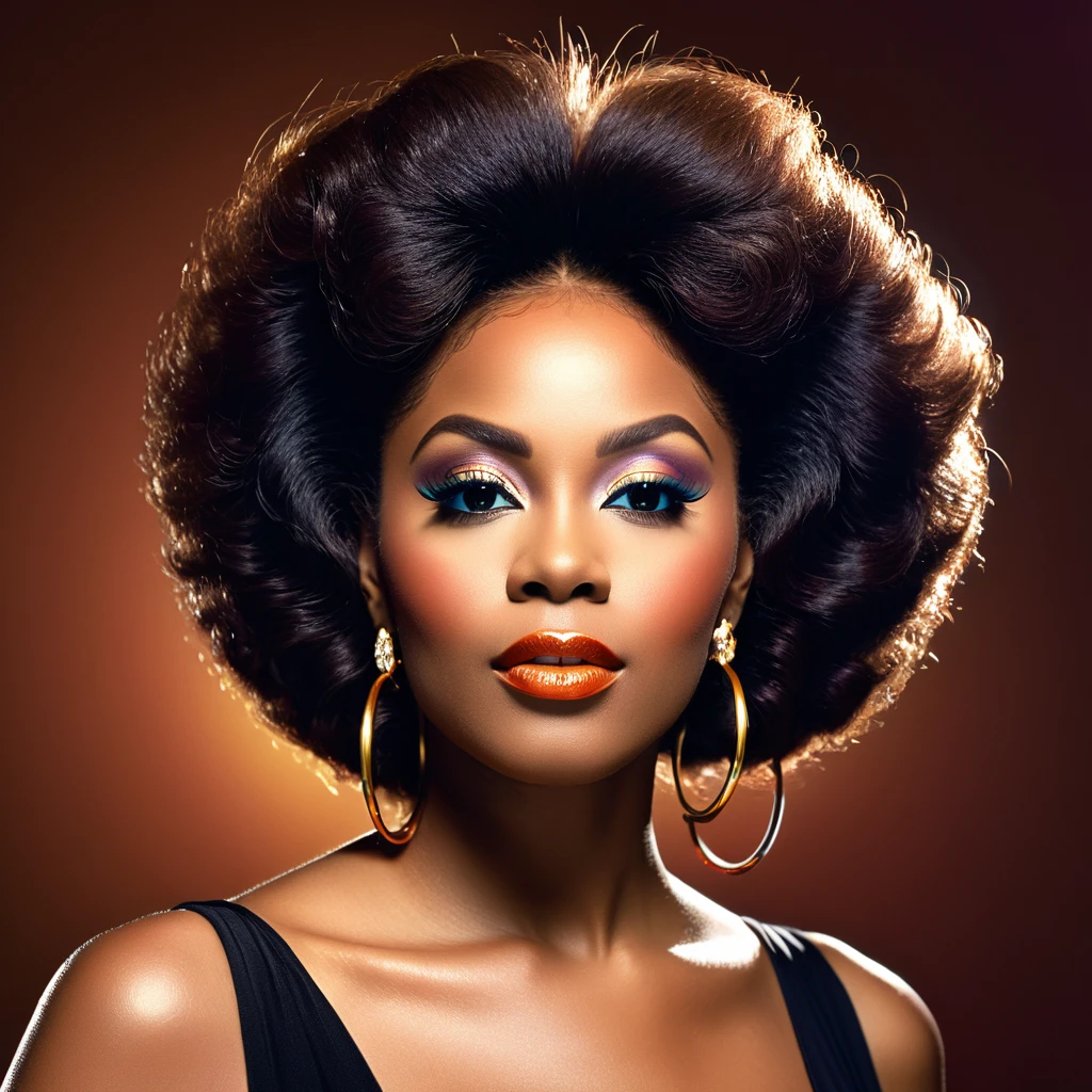 1 beautiful black female, 1970s retro style, vinyl album cover, R&B music, Cookie Eaton, (best quality,4k,8k,highres,masterpiece:1.2),ultra-detailed,(realistic,photorealistic,photo-realistic:1.37),studio lighting,fine details,vibrant colors,analog textures,dramatic lighting,moody atmosphere,glamorous portrait,confident pose,natural hair,hoop earrings,Clock Out
